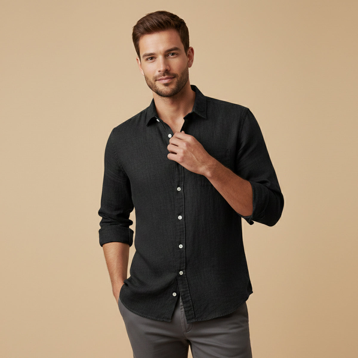 Men's Cotton Linen Stand Collar Shirt Lightweight