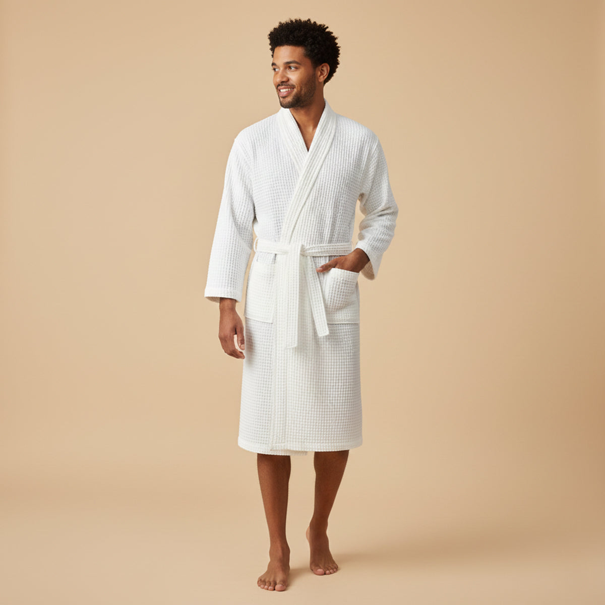 Men's Cotton Waffle Bathrobe Lightweight Navy Blue