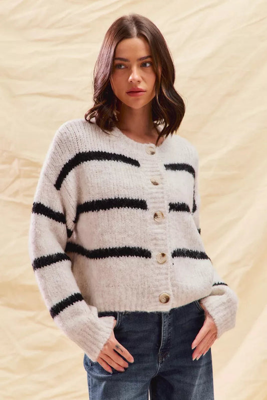 Women's Striped Cardigan Button Front - Fashinoza
