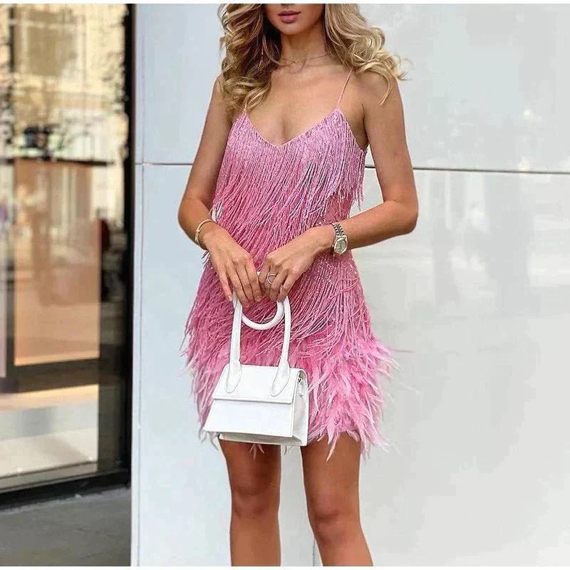 Women's Mini Dress V-Neck Spaghetti Straps Fringe