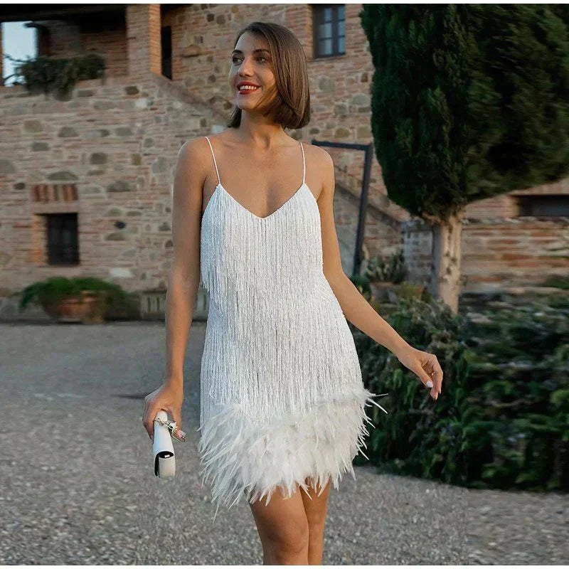 Women's Mini Dress V-Neck Spaghetti Straps Fringe