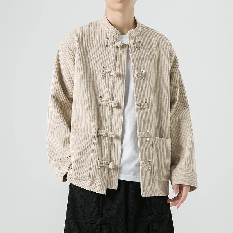 Men's Corduroy Jacket Mandarin Collar Brown - Fashinoza