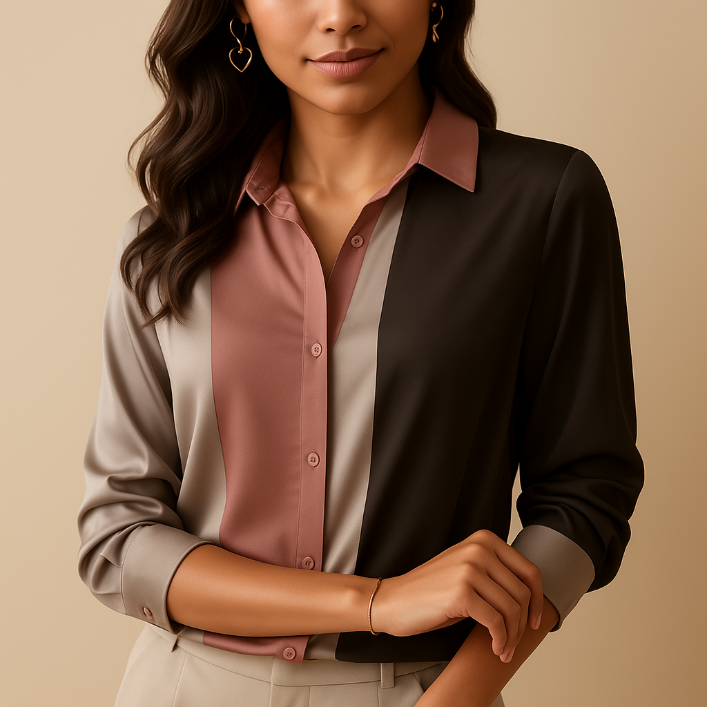 Women's Satin Blouse Patchwork Stripe With Collar - 
Fashinoza