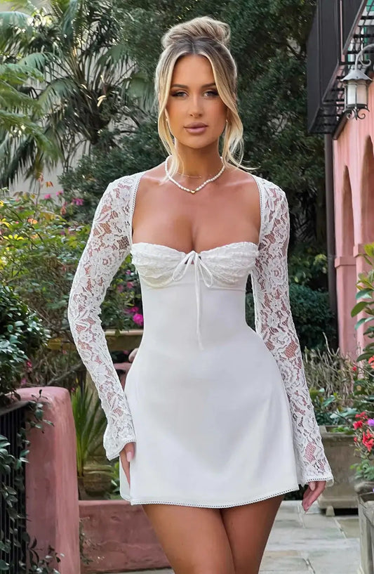 Women's Lace A-Line Mini Dress Long Sleeve - Fashinoza