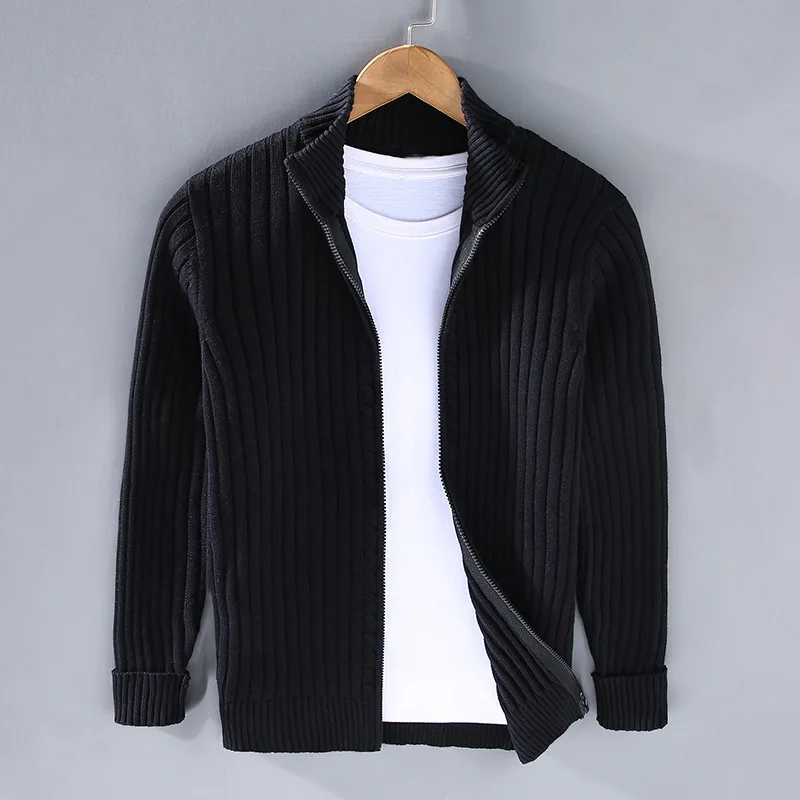 Men's Open Front Cardigan Ribbed Knit Fold-Over Collar