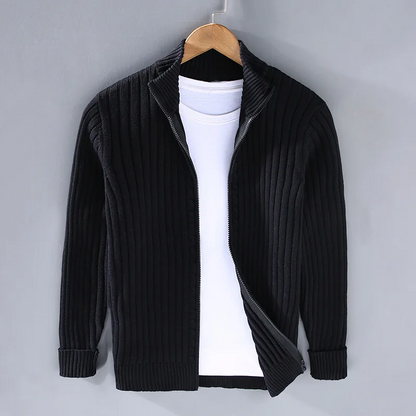 Men's Open Front Cardigan Ribbed Knit Fold-Over Collar