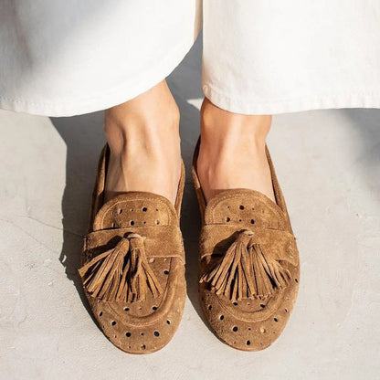 Women's Perforated Tassel Loafers - Fashinoza