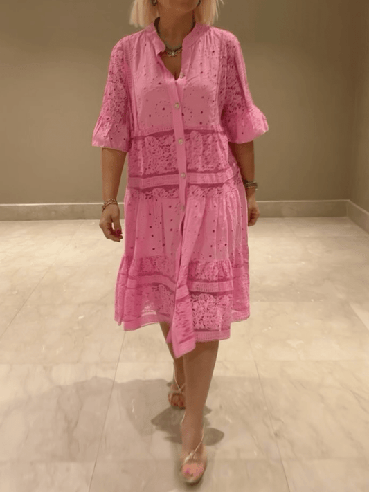 Women's Midi Dress Button Front Short Sleeves - Fashinoza