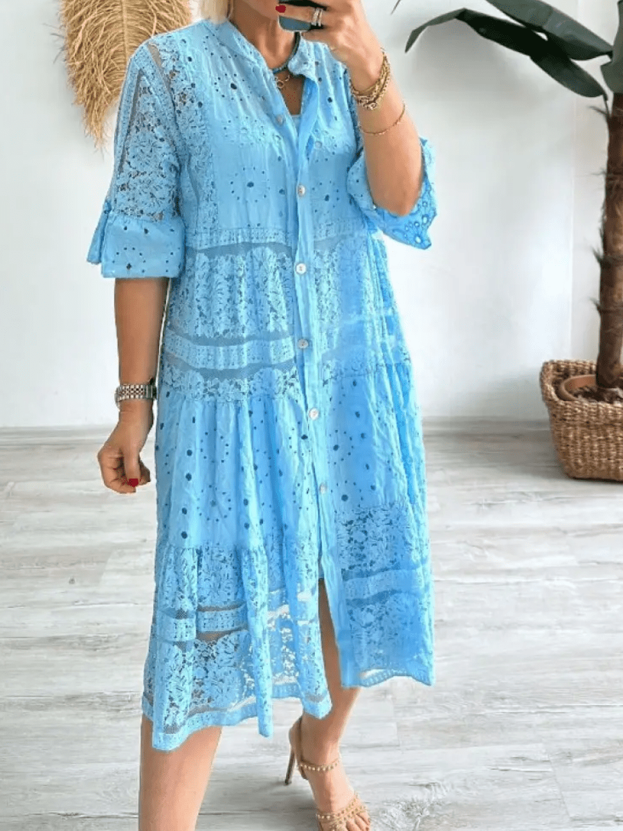 Women's Midi Dress Button Front Short Sleeves