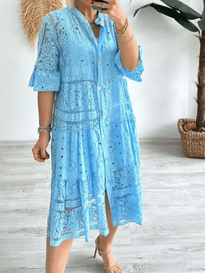 Women's Midi Dress Button Front Short Sleeves