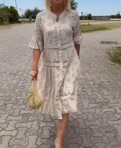 Women's Midi Dress Button Front Short Sleeves