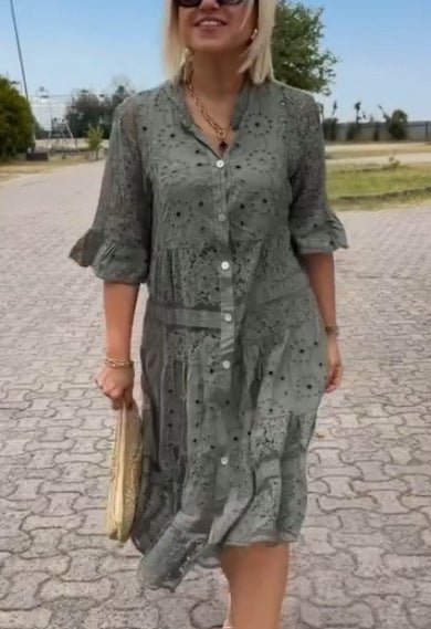 Women's Midi Dress Button Front Short Sleeves