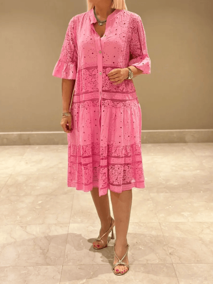 Women's Midi Dress Button Front Short Sleeves
