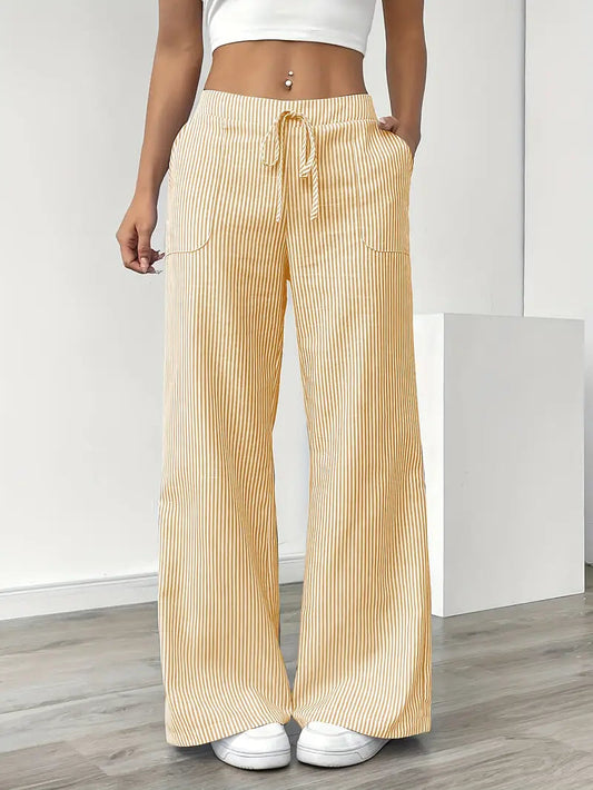 Women's High-Waisted Striped Drawstring Pants - Fashinoza