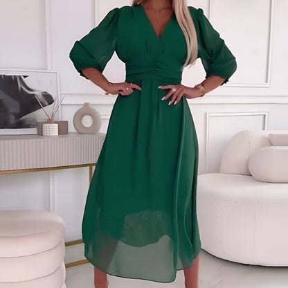 Image of Shelby | Women's V-Neck A-Line Midi Dress