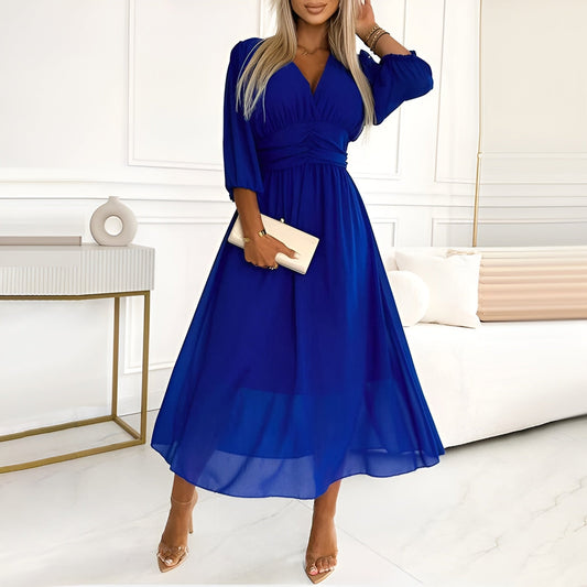 Women's A-Line Midi Dress V-Neck - Fashinoza