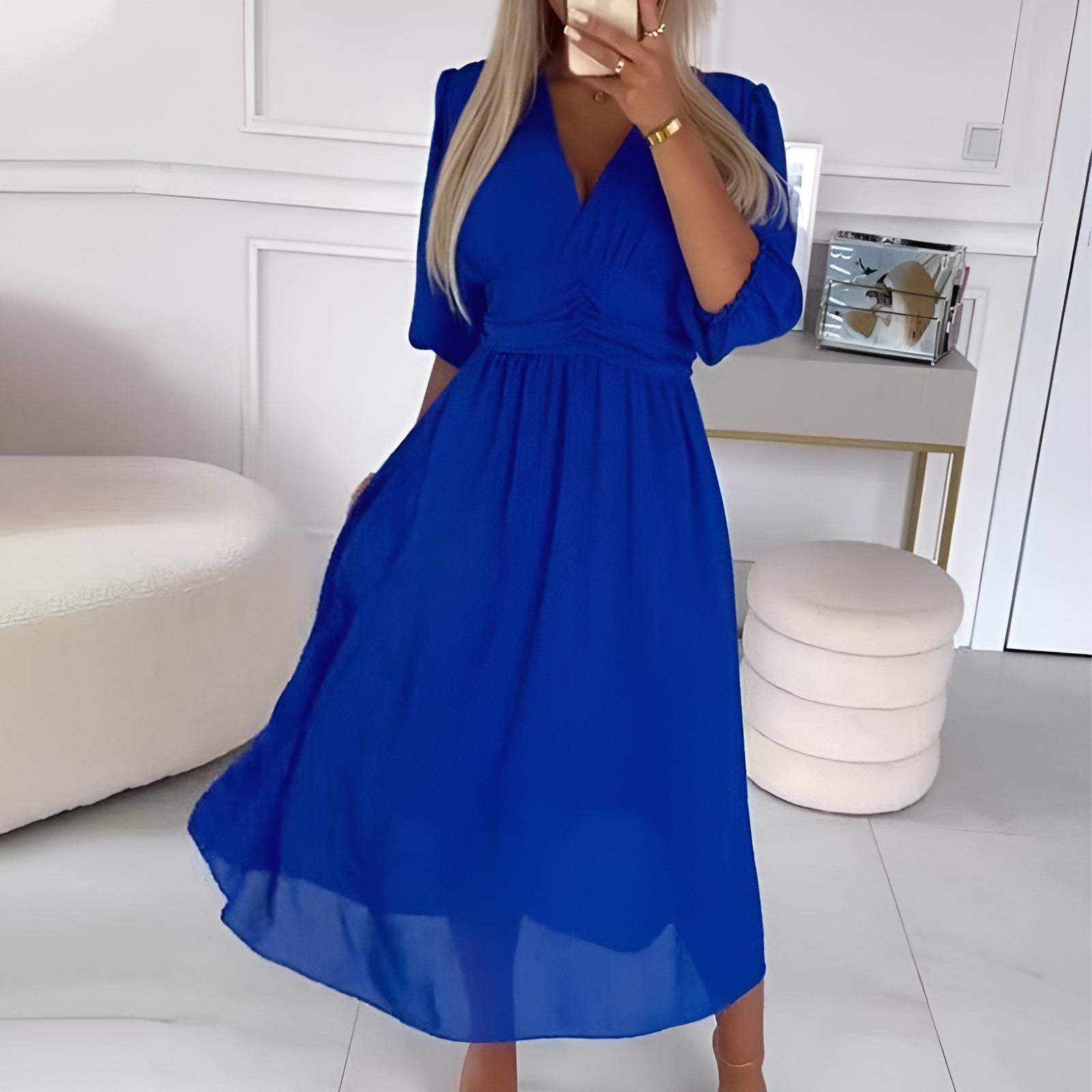Image of Shelby | Women's V-Neck A-Line Midi Dress