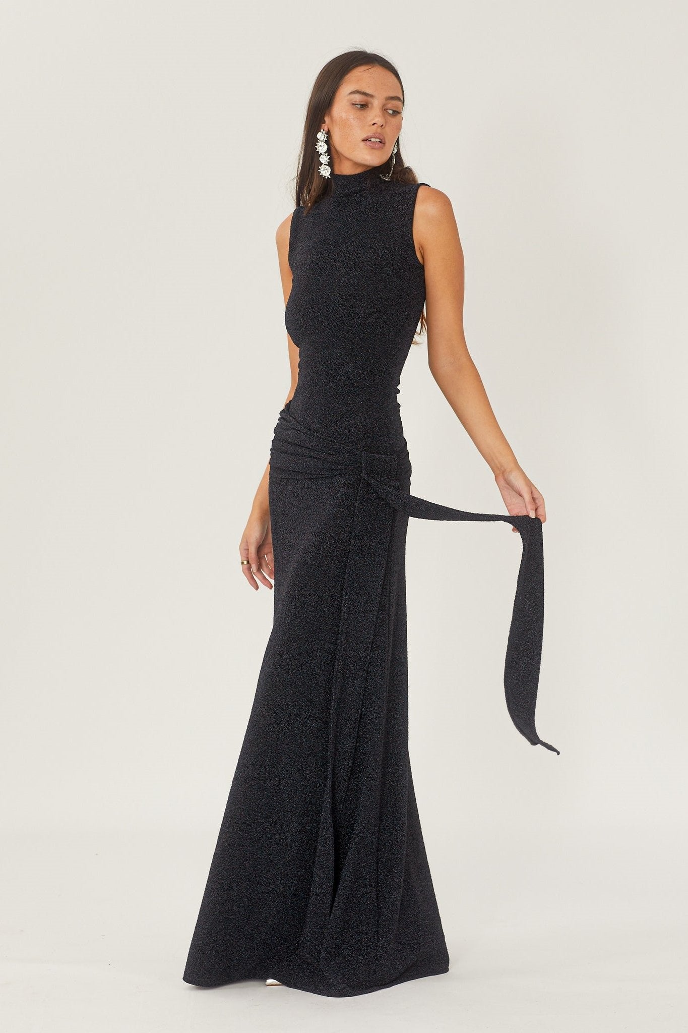 Women's Maxi Dress Metallic Ribbon Waistband - 
Fashinoza