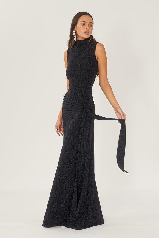 Women's Maxi Dress Metallic Ribbon Waistband - 
Fashinoza