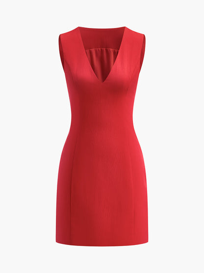 Women's Sleeveless V-Neck Mini Dress Fitted Summer Ruby Red