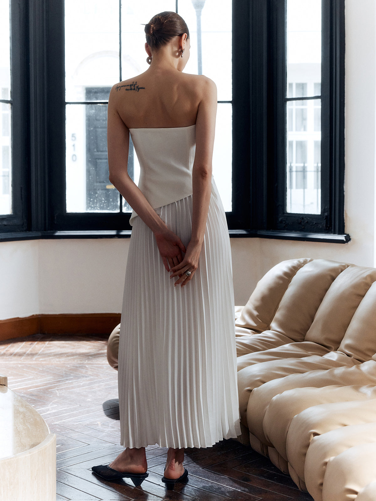 Women's Strapless Pleated Maxi Dress Side Split
