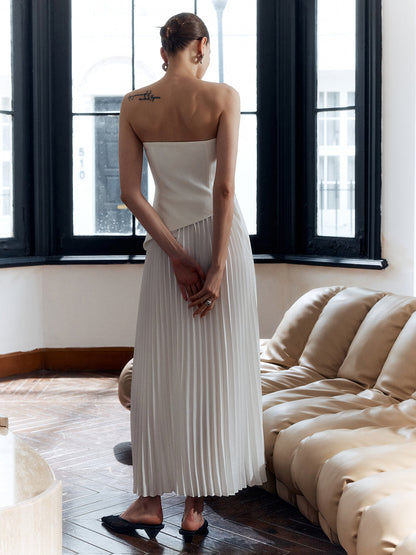 Women's Strapless Pleated Maxi Dress Side Split