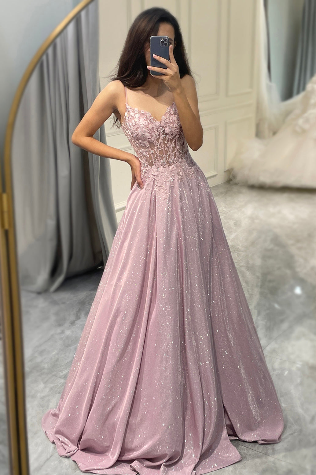 Women's Strapless Maxi Dress Floral Bodice Glitter Skirt