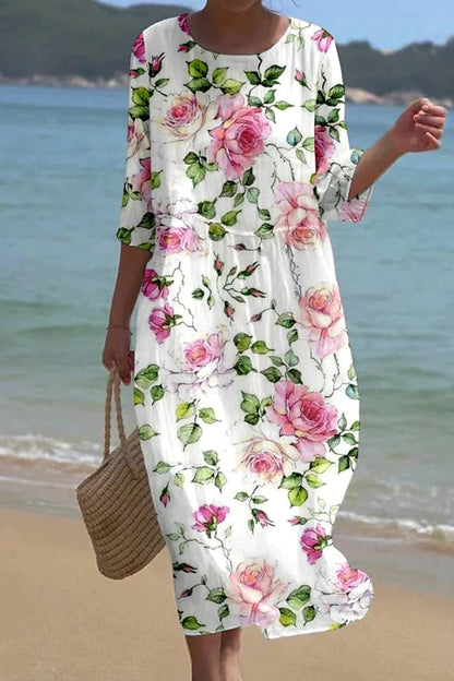 Women’s Floral Midi Dress with 3/4 Sleeves