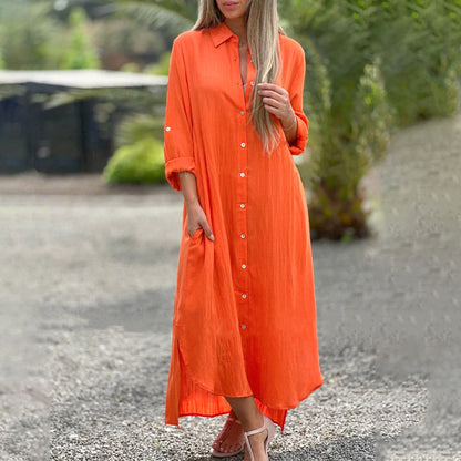 Women's Casual Maxi Dress Shirt Cotton Button Down