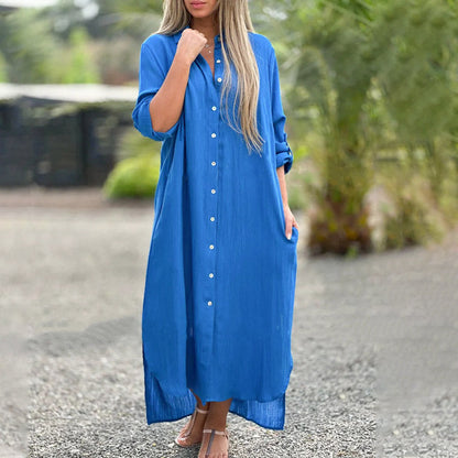Women's Casual Maxi Dress Shirt Cotton Button Down