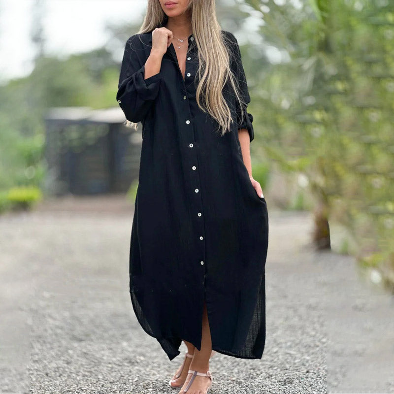 Women's Casual Maxi Dress Shirt Cotton Button Down