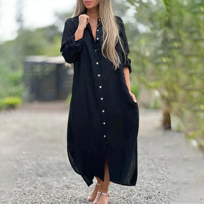 Women's Casual Maxi Dress Shirt Cotton Button Down