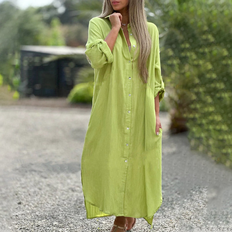 Women's Casual Maxi Dress Shirt Cotton Button Down