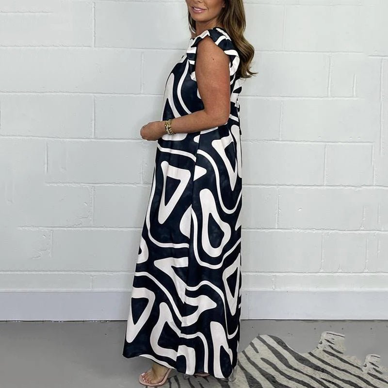 Women's Abstract Print Jumpsuit V-Neck Ruffle Sleeves Wide Leg
