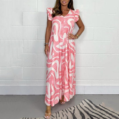 Women's Abstract Print Jumpsuit V-Neck Ruffle Sleeves Wide Leg