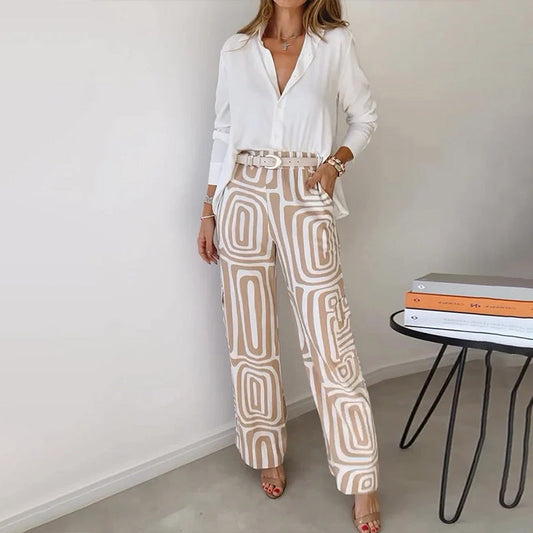 Women's 2-Piece Set Button Front Blouse Printed Wide Leg Pants - 
Fashinoza