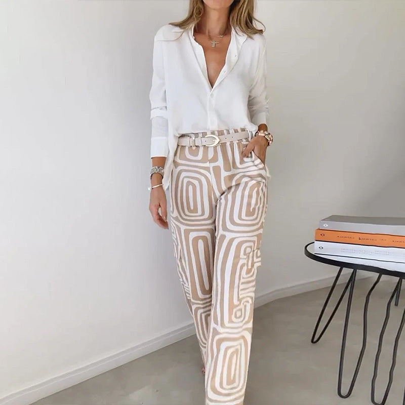 Women's Two Piece Set Button Front Shirt Straight Leg Pants