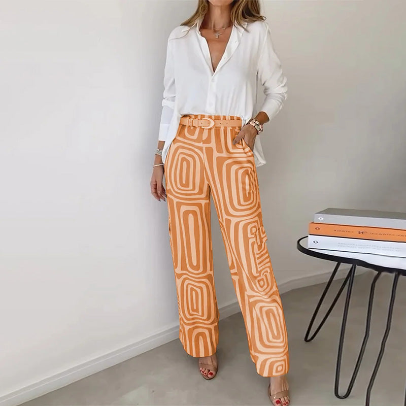 Women's 2-Piece Set Button Front Blouse Printed Wide Leg Pants
