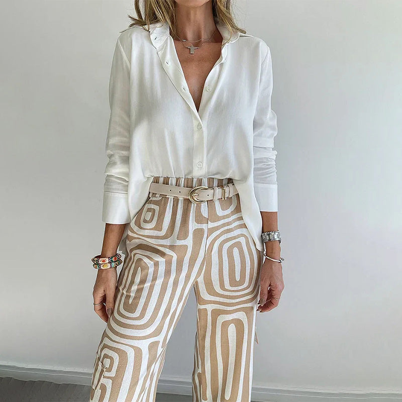 Women's 2-Piece Set Button Front Blouse Printed Wide Leg Pants