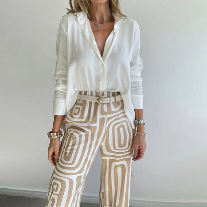 Women's 2-Piece Set Button Front Blouse Printed Wide Leg Pants