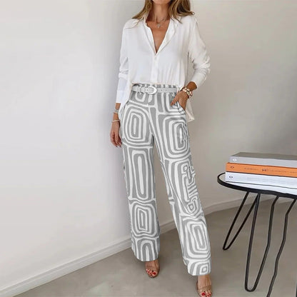 Women's 2-Piece Set Button Front Blouse Printed Wide Leg Pants