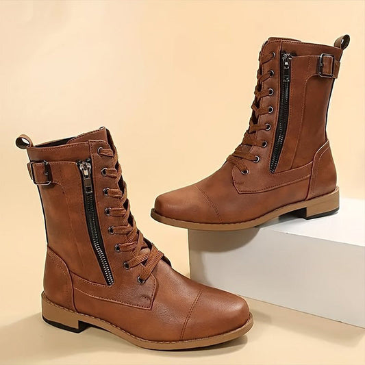 Women's Mid-Calf Boots Lace-Up Leather Brown - Fashinoza