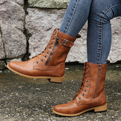 Women's Mid-Calf Boots Lace-Up Leather Brown