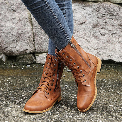 Women's Mid-Calf Boots Lace-Up Leather Brown