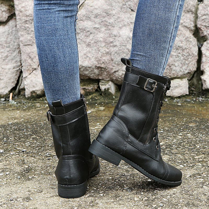 Women's Mid-Calf Boots Lace-Up Leather Brown