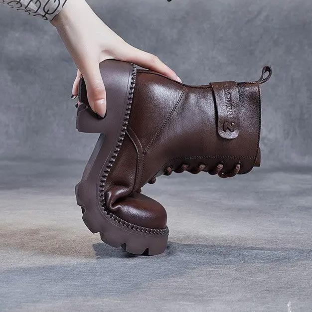 Women's Lace Up Mid Ankle Boots Chunky Sole