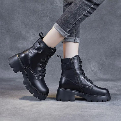 Women's Lace Up Mid Ankle Boots Chunky Sole