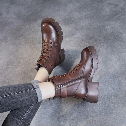 Women's Lace Up Mid Ankle Boots Chunky Sole