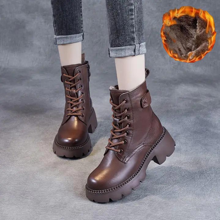 Women's Lace Up Mid Ankle Boots Chunky Sole