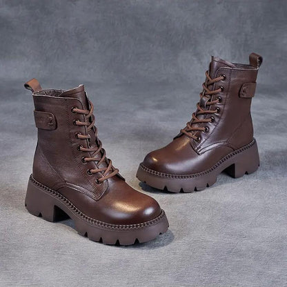 Women's Lace Up Mid Ankle Boots Chunky Sole